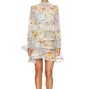Revolve Asta Mini Dress- Floral Ruffle Dress - Cream and Yellow.
